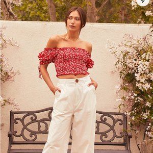 Lulu's Summertime Sweetness Red Floral Print Smocked Puff Sleeve Top NWOT